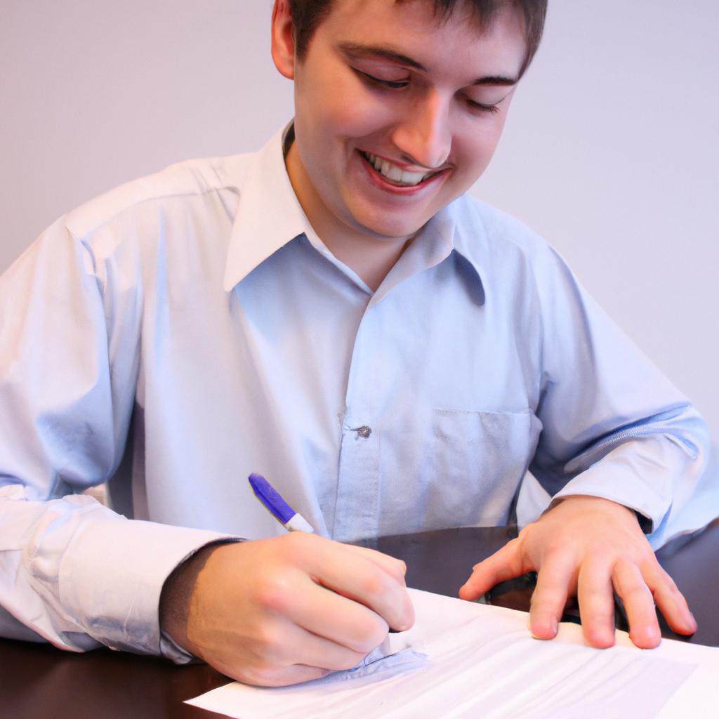Person signing investment documents, smiling